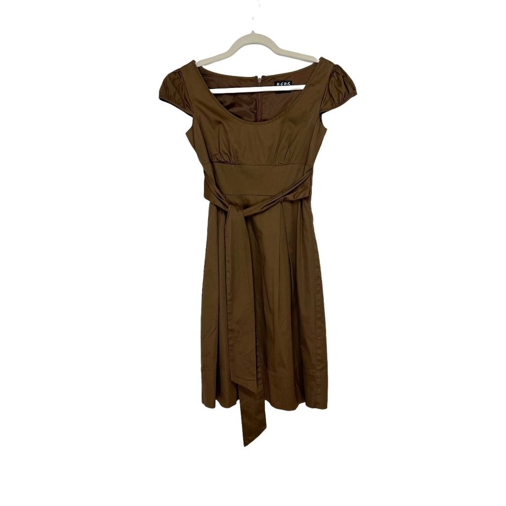 BCBG Pairs Brown Cap Sleeve Fit & Flare Mini Dress Tie Waist Women's Size S